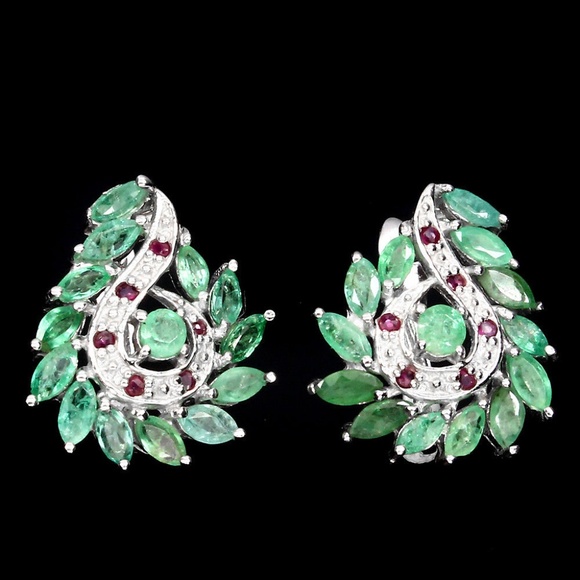 Rich Green Emerald andRuby 925 Silver Earrings real earth mined gems
